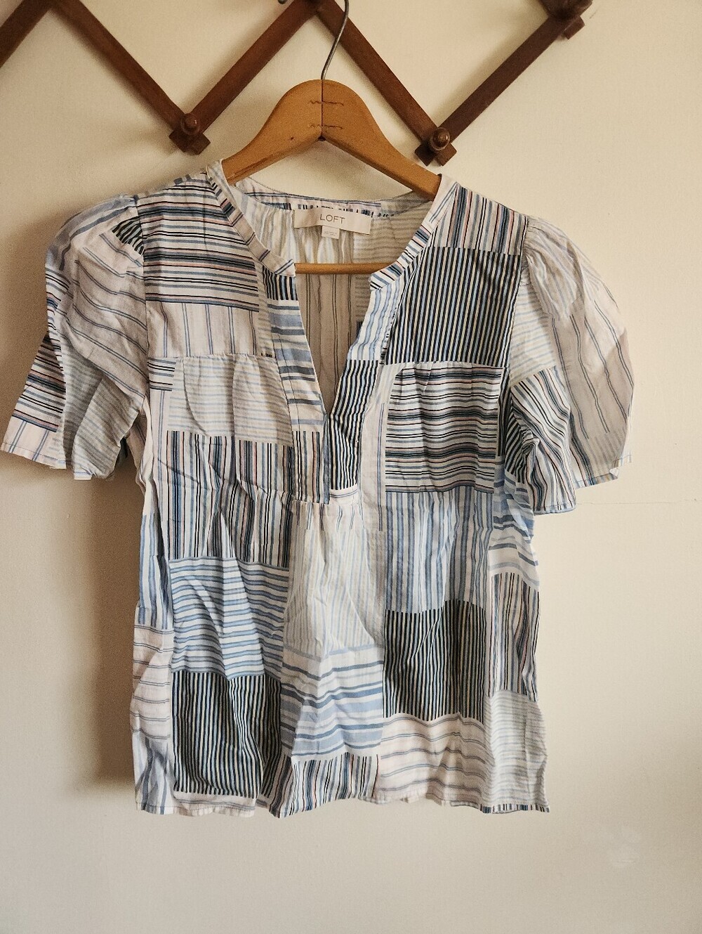 LOFT White Blue Striped Patchwork Short Sleeve Blouse Popover Lightweight Cotton